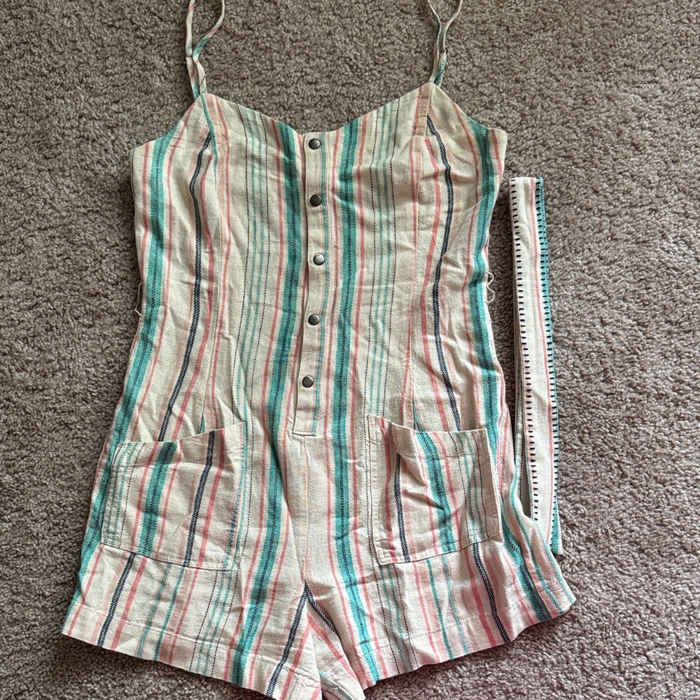 Splendid Cream Romper with Coral and Teal Stripes